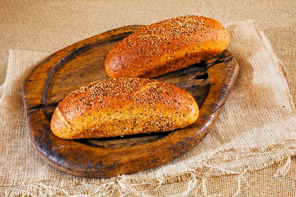 Two Bread Rolls Topped Different Seeds Rustic Board — Stock Photo, Image