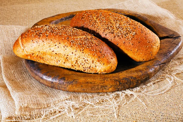 Two Whole Grain Bread Rolls Wooden Cutting Board — Stock Photo, Image