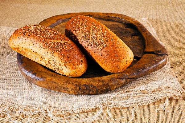 Two Whole Grain Bread Rolls Wooden Cutting Board — Stock Photo, Image