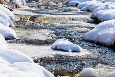 Kışın karlı, küçük bir derenin kapanışı