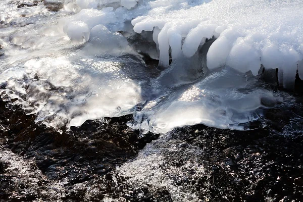 Vista Una Orilla Congelada Pequeño Arroyo Con Hielo Carámbanos — Foto de Stock