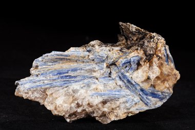  kyanite mineral with garnets on the black  background