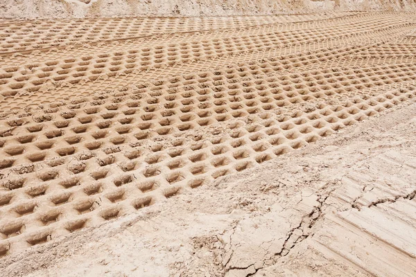 Areia Menor Com Marcas Pneus Construção — Fotografia de Stock