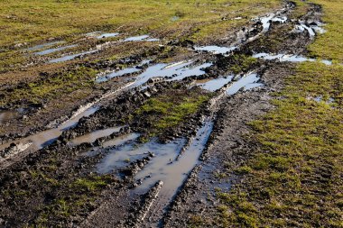 Sonbaharda çamurlu kır yolu, sığ alan derinliğine dikkat edin.