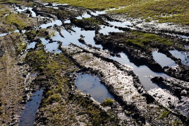 Sonbaharda çamurlu kır yolu, sığ alan derinliğine dikkat edin.