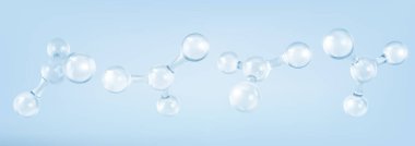 Açık mavi zemin üzerinde üç boyutlu cam molekülleri ya da atomlar. Biyokimyasal, eczacılık, güzellik ve tıp kavramı. Bilim ya da tıbbi geçmiş. 