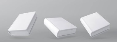 Beyaz kapaklı 3D maket kâğıtlar. Kapalı ders kitabı, sözlük, katalog, farklı açılarda boş cilt kapağı içeren gerçekçi bir maket. 