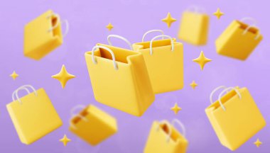 3D Vector alışveriş çantası afişi, indirimli satış geçmişi. Çevrimiçi dijital alım, e-ticaret tanıtım mağazası illüstrasyonu.