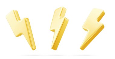 3D altın şarj sembolü. Enerjinin ve tehlikenin sembolü. Asgari elektriksel boşalma. Vektör illüstrasyonu