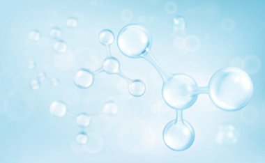 Açık mavi zemin üzerinde üç boyutlu cam molekülleri ya da atomlar. Biyokimyasal, eczacılık, güzellik ve tıp kavramı. Bilim ya da tıbbi geçmiş.