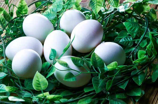 Яйца в гнезде из листьев на деревянном столе. Свежие сельскохозяйственные продукты . — стоковое фото