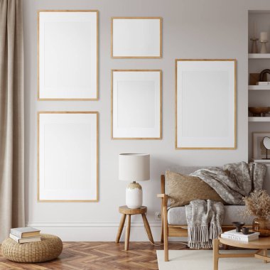 Dostça bir iç mekan. Oturma odası. Çerçeve modeli. Poster modeli. 3d görüntüleme, 3d illüstrasyon