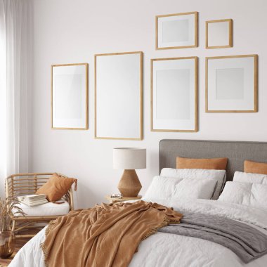 Dostça bir iç mekan. Yatak odası. Çerçeve modeli. Poster modeli. 3d görüntüleme, 3d illüstrasyon