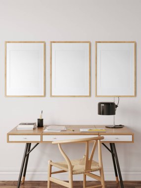 Dostça bir iç mekan. Oturma odası. Çerçeve modeli. Poster modeli. 3d görüntüleme, 3d illüstrasyon