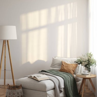 Dostça bir iç mekan. Oturma odası. Duvar modeli. Duvar sanatı 3d görüntüleme, 3d illüstrasyon