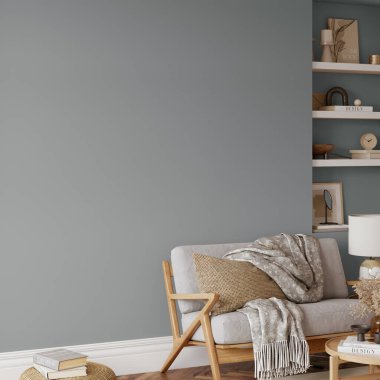 Dostça bir iç mekan. Oturma odası. Duvar modeli. Duvar sanatı 3d görüntüleme, 3d illüstrasyon