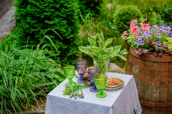 Mesa de servicio para dos personas en el exuberante jardín — Foto de Stock