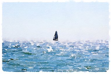 Denizde bir yelkenli teknenin dijital bir suluboya