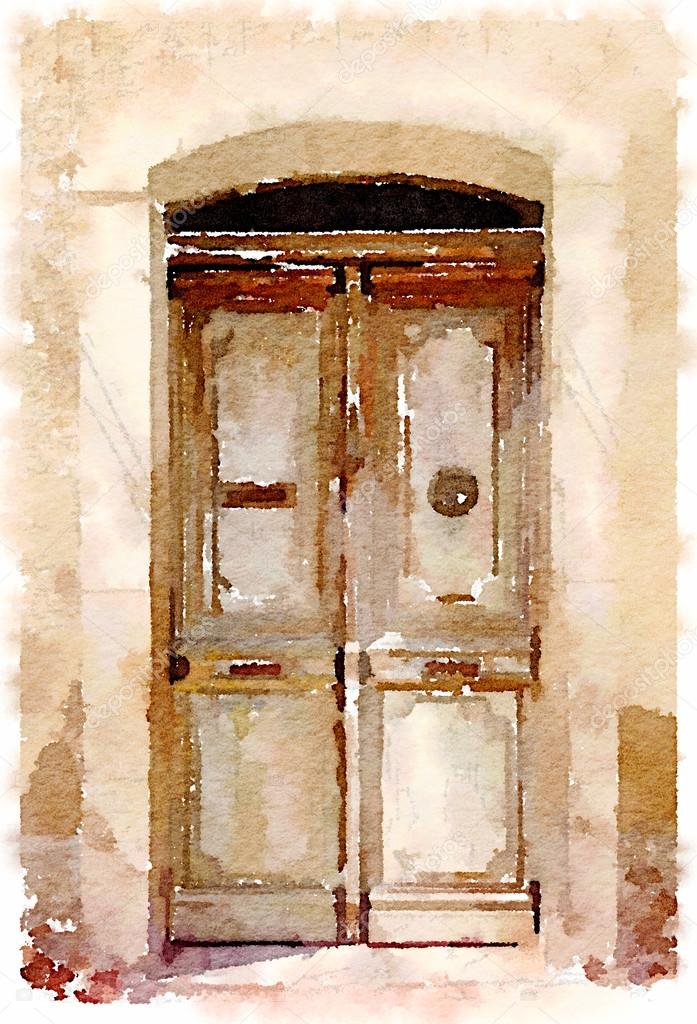 Watercolor Painting Of An Old Wooden Door In Spain Stock