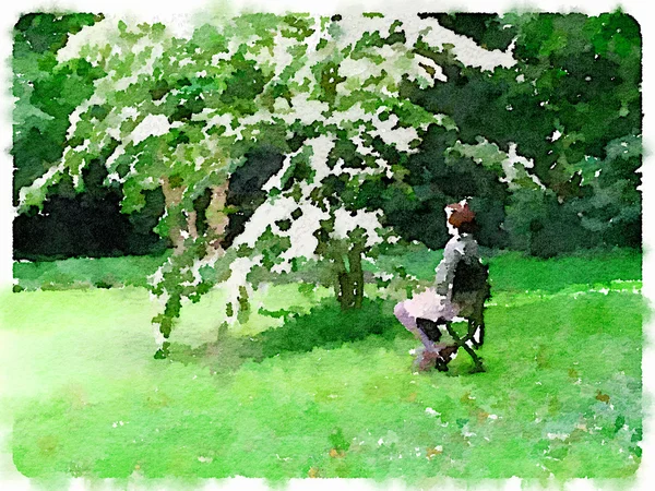 Acuarela pintura de una señora sentada en una silla bajo un árbol wi Imagen De Stock