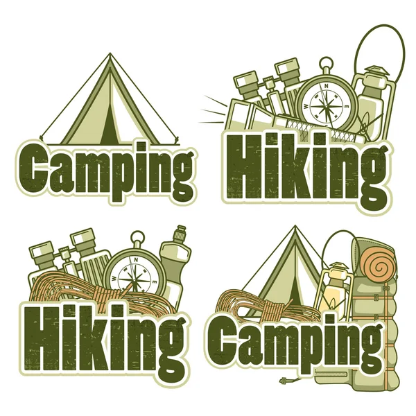 Conjunto de plantillas de logotipo para senderismo y camping con diferentes equi — Archivo Imágenes Vectoriales