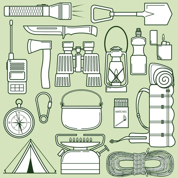 Conjunto de iconos para acampar y senderismo. Iconos vectoriales establecidos en un gree — Vector de stock