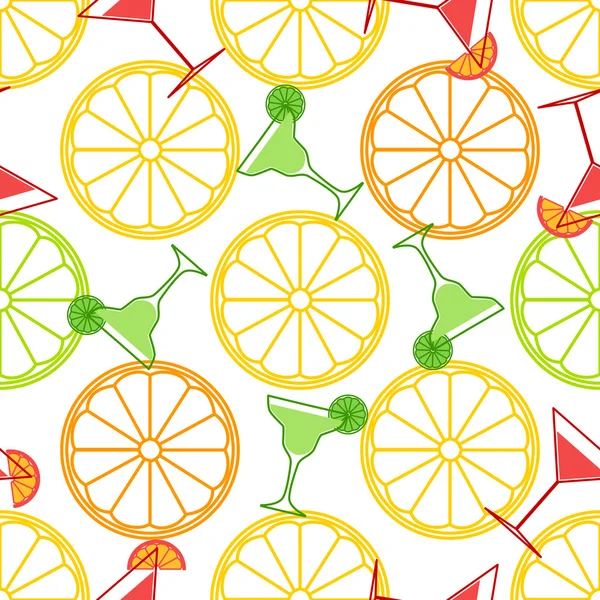 Бесшовный узор с лимоном, апельсином и коктейлями в плоском стиле — стоковый вектор