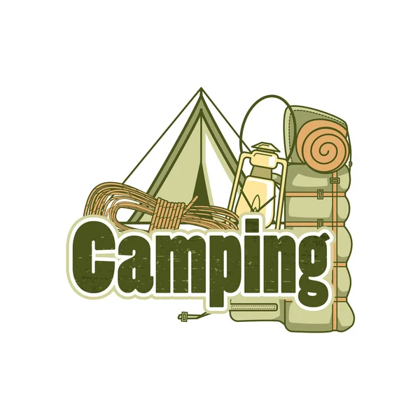 Logo template for camping with a tent, backpack, rope and kerose — Stock Vector