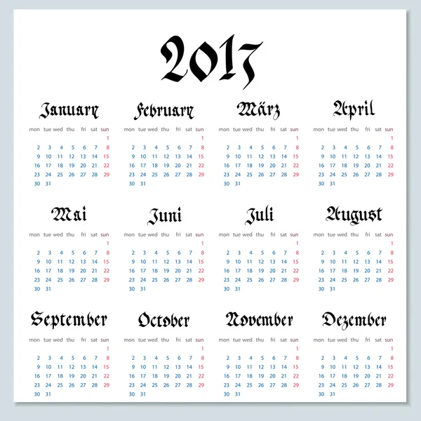 Handwritten calendar in the Gothic style — Stock Vector