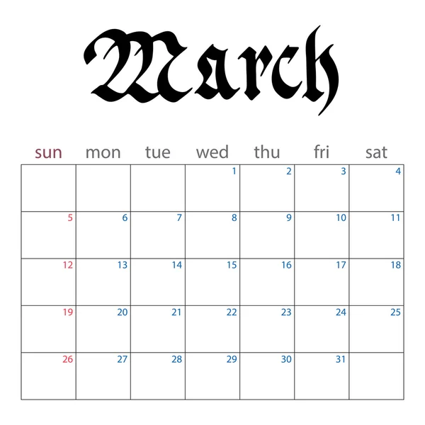 Planejador de calendário para março 2017 — Vetor de Stock