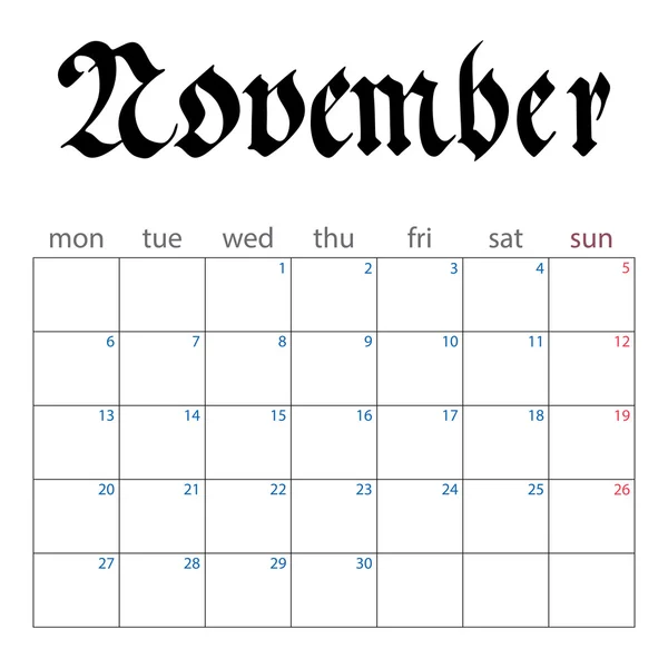 Kalendern planner för november 2017 — Stock vektor