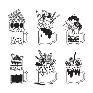 Siyah ve beyaz tarzı dev milkshakes kümesi.