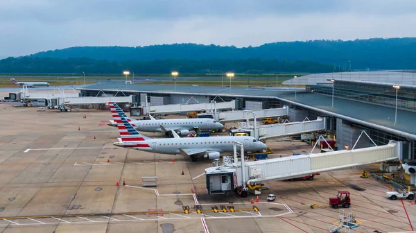 Aerial view of regional airport with terminal and airplanes Stock Photo