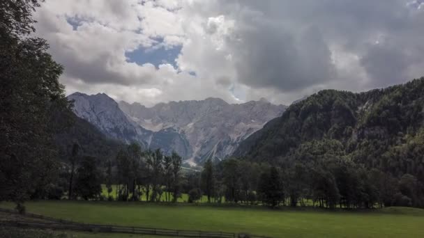 Timelapse chmur nad górami i łąk z drzew przed — Wideo stockowe