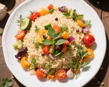 Taze sebzeli sağlıklı kuskus salatası ve yenilebilir çiçek gurmesi fotoğrafçılığı.