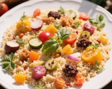 Taze sebzeli sağlıklı kuskus salatası ve yenilebilir çiçek gurmesi fotoğrafçılığı.