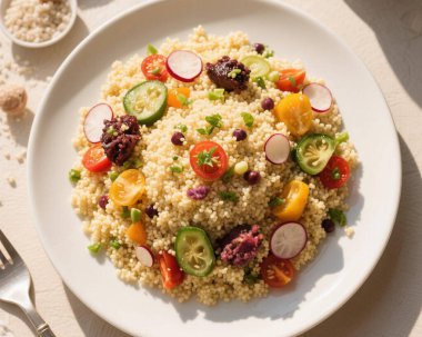 Taze sebzeli sağlıklı kuskus salatası ve yenilebilir çiçek gurmesi fotoğrafçılığı.