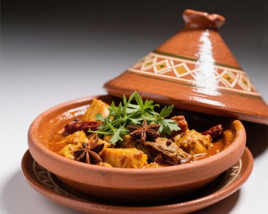 Otantik Fas tagini; zengin baharatlar, taze et, sebze ve otlarla dolu kil kapta servis edilir. Geleneksel Maghrebi mutfağı, Kuzey Afrika konfor gıdası ve ticari kullanım için klasik kültürel yemek konsepti sergilenir..