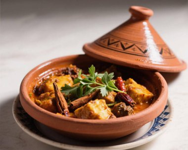 Otantik Fas tagini; zengin baharatlar, taze et, sebze ve otlarla dolu kil kapta servis edilir. Geleneksel Maghrebi mutfağı, Kuzey Afrika konfor gıdası ve ticari kullanım için klasik kültürel yemek konsepti sergilenir..