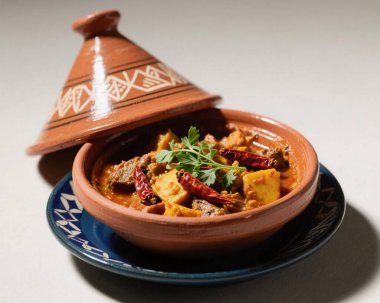 Otantik Fas tagini; zengin baharatlar, taze et, sebze ve otlarla dolu kil kapta servis edilir. Geleneksel Maghrebi mutfağı, Kuzey Afrika konfor gıdası ve ticari kullanım için klasik kültürel yemek konsepti sergilenir..