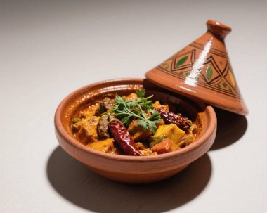 Otantik Fas tagini; zengin baharatlar, taze et, sebze ve otlarla dolu kil kapta servis edilir. Geleneksel Maghrebi mutfağı, Kuzey Afrika konfor gıdası ve ticari kullanım için klasik kültürel yemek konsepti sergilenir..