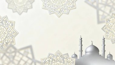 Zarif İslami geometrik gölgeler ve parlak beyaz bir yüzey üzerinde camiden esinlenerek sakin, lüks ve minimalist bir atmosfer yaratan yumuşak odaklı arka plan Ramazan, Kurban Bayramı ve İslam tasarım projeleri için idealdir..