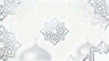 Zarif İslami geometrik gölgeler ve parlak beyaz bir yüzey üzerinde camiden esinlenerek sakin, lüks ve minimalist bir atmosfer yaratan yumuşak odaklı arka plan Ramazan, Kurban Bayramı ve İslam tasarım projeleri için idealdir..