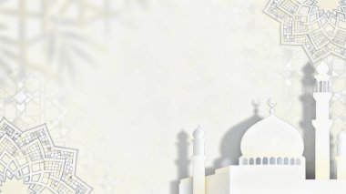 Zarif İslami geometrik gölgeler ve parlak beyaz bir yüzey üzerinde camiden esinlenerek sakin, lüks ve minimalist bir atmosfer yaratan yumuşak odaklı arka plan Ramazan, Kurban Bayramı ve İslam tasarım projeleri için idealdir..