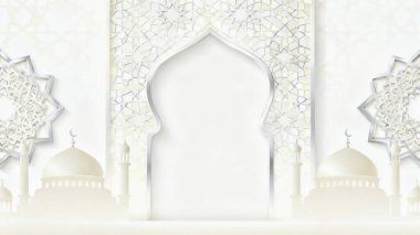 Zarif İslami geometrik gölgeler ve parlak beyaz bir yüzey üzerinde camiden esinlenerek sakin, lüks ve minimalist bir atmosfer yaratan yumuşak odaklı arka plan Ramazan, Kurban Bayramı ve İslam tasarım projeleri için idealdir..