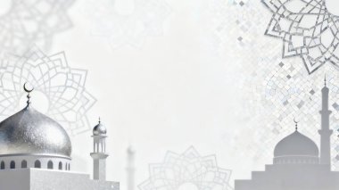 Zarif İslami geometrik gölgeler ve parlak beyaz bir yüzey üzerinde camiden esinlenerek sakin, lüks ve minimalist bir atmosfer yaratan yumuşak odaklı arka plan Ramazan, Kurban Bayramı ve İslam tasarım projeleri için idealdir..