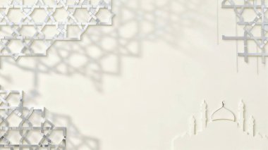Zarif İslami geometrik gölgeler ve parlak beyaz bir yüzey üzerinde camiden esinlenerek sakin, lüks ve minimalist bir atmosfer yaratan yumuşak odaklı arka plan Ramazan, Kurban Bayramı ve İslam tasarım projeleri için idealdir..