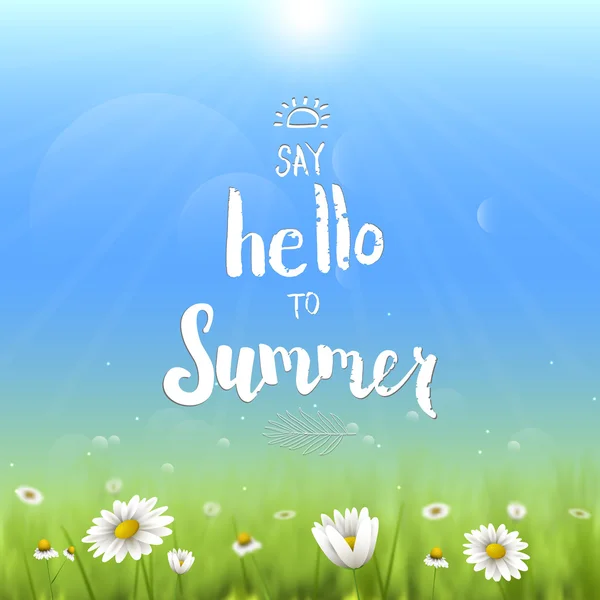 Floral summer background with chamomiles. Say hello to summer handwritten typography.