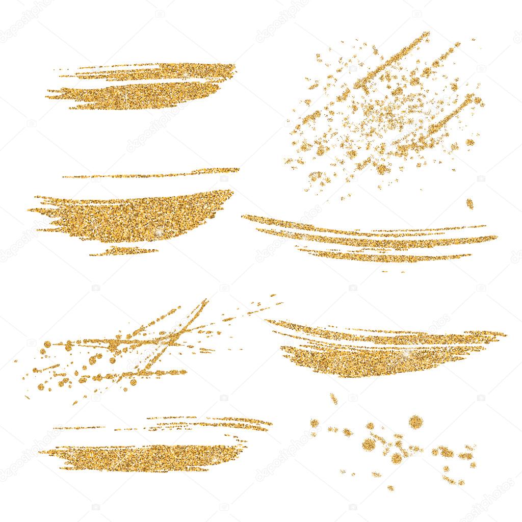 Vector gold paint smears set. Gold glitter elements isolated on white background.