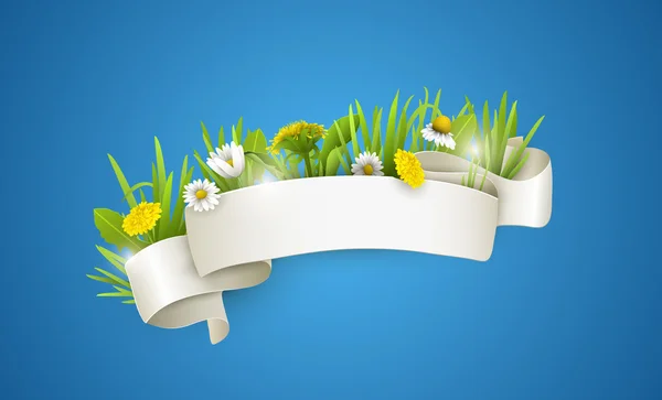 Floral background with dandelions and chamomiles. Silk white ribbon with wildflowers.